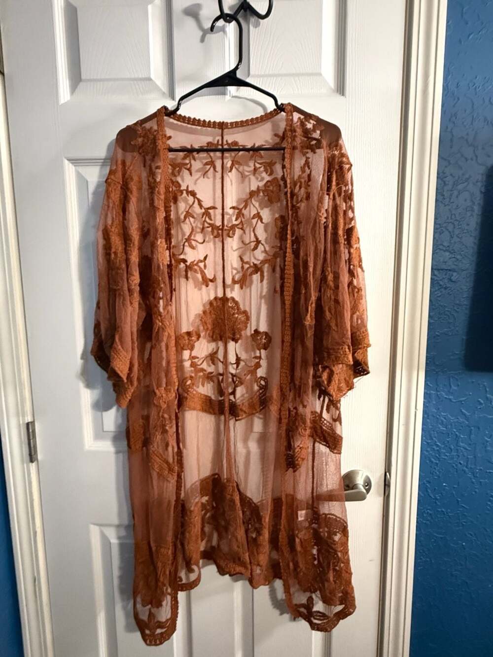 Unbranded Brown Floral Lace Open-Front Duster Kimono Cardigan